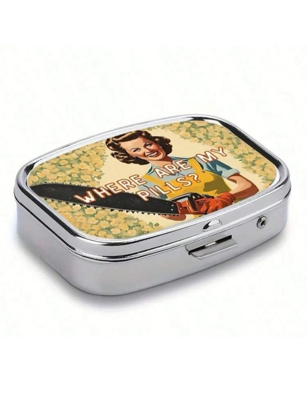 Metal Pill Box - "Where Are My Pills?" Retro Chainsaw Design - Picture 3 of 3
